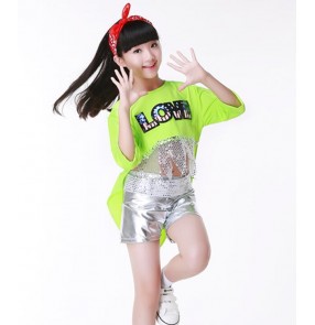 Neon green tuxedo top leather silver shorts girls kids children stage performance jazz hip hop singer dance costumes outfits